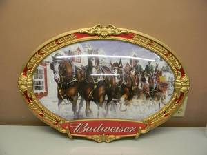NEW OLD STOCK - VINTAGE 2000 BUDWEISER CLYDESDALE HORSES OVAL SIGN - GREAT PIECE - APPROX 30 By 22 - SEE PICTURES