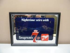 NEW OLD STOCK - RARE VINTAGE NIGHTIME STIRS WITH SEAGRAMS 7 & 7up REVERSE GLASS ADVERTISING BAR SIGN  MIRROR - FANTASTIC PIECE - APPROX 20 By 14 - SEE PICTURES