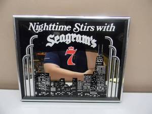 NEW OLD STOCK - RARE VINTAGE NIGHTIME STIRS WITH SEAGRAMS 7 REVERSE GLASS ADVERTISING BAR SIGN  MIRROR - FANTASTIC PIECE - APPROX 16 By 12 - SEE PICTURES