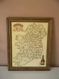 NEW OLD STOCK - VINTAGE 1977 BAILEYS ORIGINAL IRISH CREAM IRISH NAME MAP BAR SIGN  MIRROR - AWESOME PIECE - APPROX 19 By 23 - SEE PICTURES