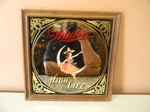 NEW OLD STOCK - VINTAGE 1979 MILLER HIGH LIFE LADY ON THE MOON BAR SIGN  MIRROR - AWESOME PIECE - APPROX 15 By 15 - SEE PICTURES