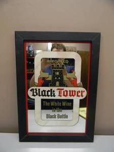 NEW OLD STOCK - VINTAGE IMPORTED BLACK TOWER WINE THE WHITE WINE IN THE BLACK BOTTLE BAR SIGN  MIRROR   - COOL PIECE - APPROX 15 By 21 - SEE PICTURES