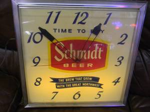 Vintage Schmidt Beer Lighted Clock - AWESOME PIECE - HARD TO FIND - WORKS - APPROX 19 By 19 - SEE PICTURES