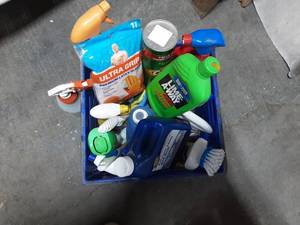 Crate Of Household Cleaning Supplies With Sponges & rubber Gloves