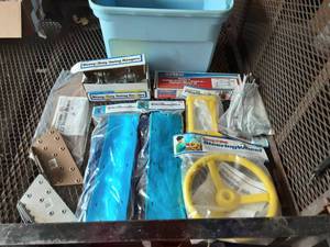 Bin Of New Swing Set Components 2-Swings & Hardware, Steering Wheel, Handles, Brackets & More