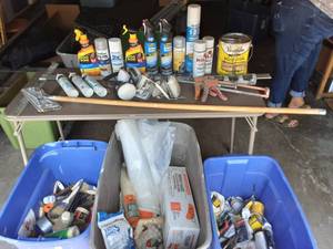 Large Lot Of Painting & Drywall Taping & Sanding Supplies-Plastic Drop Cloths, New Paint Rollers, Respirators, Caulking Guns & More (3-Tote Bins)