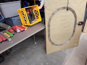 Electric Train Track On Table Top, Cars & Crate Full Of Train Track