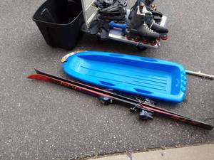 Sporting Goods 3-Pair Of Roller Blades (Size 11), Sled, Hockey Stick (R), Downhill Skis. (Cart Not Included)
