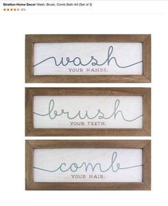 Stratton Home Decor Wash, Brush, Comb Bath Art (Set of 3) & DANYA B 30 in. H Pine MDF 5-Tier Decorative Wall Shelf. See Pictures