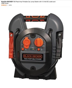 BLACKDECKER 700 Peak Amp Portable Car Jump Starter with 12-Volt DC outlet and USB Power. See Pictures