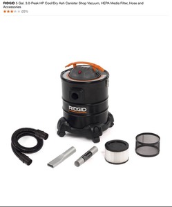 RIDGID 5 Gal. 3.0-Peak HP CoolDry Ash Canister Shop Vacuum, HEPA Media Filter, Hose and Accessories. See Pictures