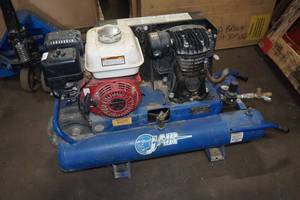 lot 241 image: J-Air Gas Powered Twin Tank Wheelbarrel Air Compressor - Honda Motor