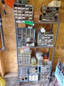 lot 108 image: Shelving with Lots Containers of parts and Hardware
