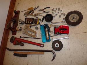 lot 156 image: Assorted Tools - Crow Bar, Pipe Wrench, Stapler