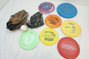 baseball gloves, baseball, and disc golf Frisbees