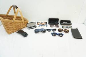 basket of sunglasses, readers and blue blockers