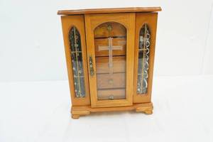 wood jewelry box with large assortment of jewelry