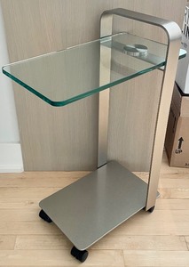 Pair of Contemporary Metal and Glass Side Tables on Casters