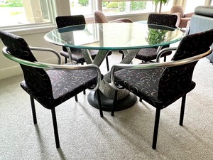 Awesome Contemporary Glass Top Table with Decorative Metal Base and Four Chairs