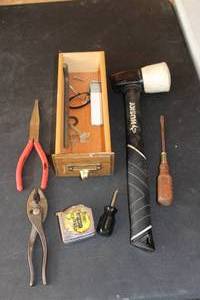 lot 353 image: Hand Tools - Pliers, Needlenose Pliers, Tape Measure, Screwdriver, Husky Mallet, Hex Wrench, Box Cutter, Misc Keys