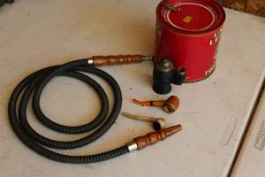 lot 491 image: Pipe Paraphenalia - Hookah Pipe Hose, Pipes, Box, Union Leader Tobacco Tin with Lid