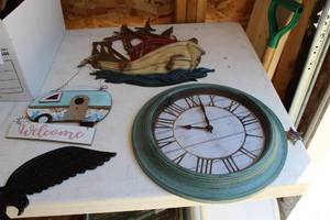 lot 511 image: Lot of (4) Wall Dcor - 15 Wall Clock, Sailboat, Camper Welcome, Eagle