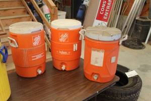 lot 966 image: Lot of (3) Igloo Home Depot 5-Gallon Plastic Water Coolers