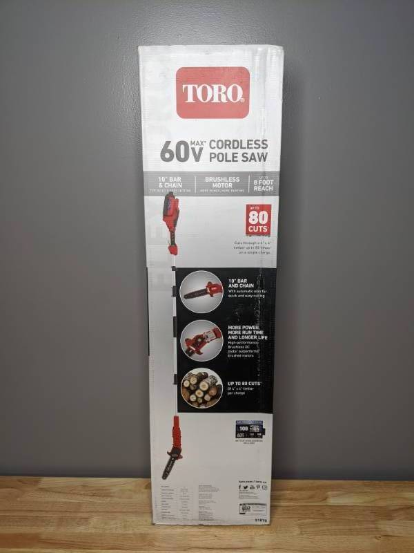 lot 47 image: Brand New Toro 10 in. 60-Volt Lithium Ion Cordless Electric Pole Saw Battery and Charger Included T