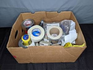 lot 108 image: Handyman Supplies (Assorted Tapes, Marking Chalk, Pond Gloves, Hotshot Heat Gun, 25 Drain Cleaner, Paper Shredder Oil, Gorilla Ladder, and more) X