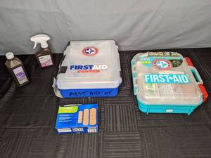lot 111 image: (2) First Aid Kits, Flexible Fabric Bandages, (2) Bottles Hydrogen Peroxide X