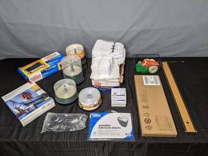 lot 107 image: Assortment of New and Used Office Items (Adobe Photoshop Elements 9, T-Square, HP USB Slim Keyboard, Scotch Tape, CD-R and DVD-R, OKI Microline Printer Cartridges, Shredder Lubricant Sheets, Plain Paper Fax Cardridge, and more) X