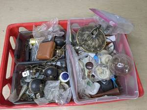 lot 101 image: Miscellaneous Garage Junk Drawer Items (Caster Wheels, Light Sockets, Mini Clamp, Wire Brush and more) N