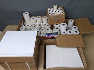 lot 86 image: Assortment of Thermal Paper Rolls, Pinfeed Labels, and Blank Continuous Paper X