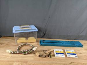 lot 117 image: Small Pet Bird Items (Container, Toys, Rope Perch, Omacyn-Plus Antibiotics, Glass Aquarium Canopy) X
