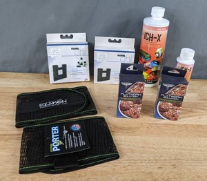 lot 74 image: NEW Aquarium Supplies Fluval Chi, ICH-X, Flatworm Solution, & Python Porters X