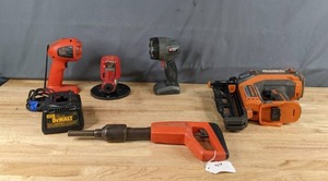 lot 310 image: Assortment of Electric Hand Tools Ridgid Hyperdrive Brushless Brad Nailer, Black & Decker Flashlight, DeWalt DW9116 Charger and More Z