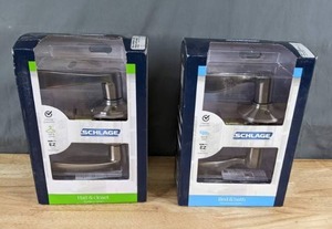 lot 245 image: New Set of (2) Schlage Accent Privacy and Hall & Closet Leverset Satin Nickel Door Handles  Z