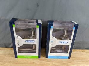 lot 247 image: New Set of (2) Schlage Accent Privacy and Merano Passage Leverset Satin Nickel Door Handles Z