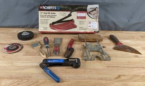 lot 314 image: Roberts 12 Vinyl Tile Cutter, Omniseal Compression Tool, Stanley Router Guide, and More Z