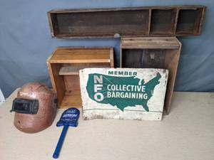 lot 198 image: Forney Welding Mask, Wood Storage Crates, Small Shovel Survival Kit and More Q