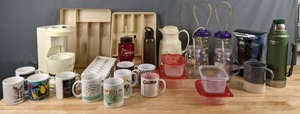lot 166 image: Kitchen Essentials Mugs, Containers, Stanley Thermos, Coffee Pot, Mrs. Tea, & More Q