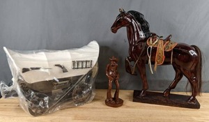 lot 179 image: Beautiful Wooden Horse, Red Mills MFG. Handmade Wooden Cowboy, & Beautiful Decorative Wagon Q