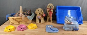 lot 181 image: Dog and Cat Items Litter Box Trays, Cookie Jar, Figurines, Decor, Bowls and More Q
