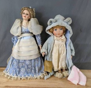 lot 345 image: Pair of Collectible Dolls Tall Elegant Lady and a Sleepy Little Girl Q