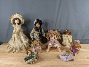 lot 344 image: Collection of 8 Dolls 5 Mini Maidens, 1 Native American Girl, 1 Butterfly Girl, 1 Tall Doll in ll Lace Q