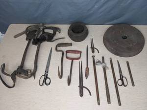 lot 158 image: Assorted Barn Tools Climbing Gaffs, Scissors, Files, Etc. Q