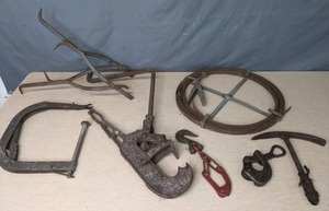 lot 162 image: Vintage Tools - C-Clamp, Flat Sewer Rod with Holder, Heavy Duty CableWire Puller, & More Q
