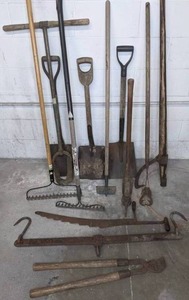 lot 351 image: Lot of 13 Vintage Tools Shovels, Hoe, Pick, Rakes, Logging Tools and More Q