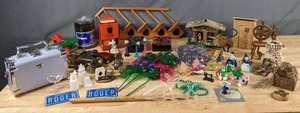 lot 260 image: Vintage Gift Items Gag Gifts, Soap, Wooden StairsHeart Display Shelf, Case, Blue Delft Bells Pair Q