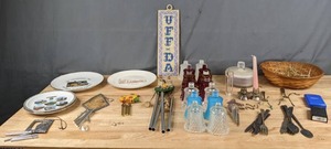 lot 261 image: Vintage Mixed Lot Souvenir Plates, Wind Chimes, Votive Holders, Cutlery, Merit & Zippo Lighters, Body Powder and More Q
